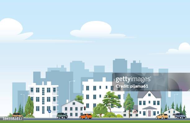wohnen, wohnung und stadtleben. stadtbild mit häusern und stadt, flache illustration im cartoon-stil - gebäudefront stock-grafiken, -clipart, -cartoons und -symbole