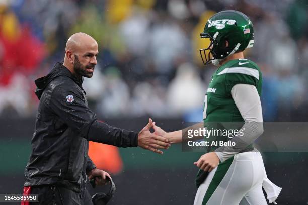 Head coach Robert Saleh of the New York Jets celebrates after a touchdown with Zach Wilson during the fourth quarter in the game against the Houston...