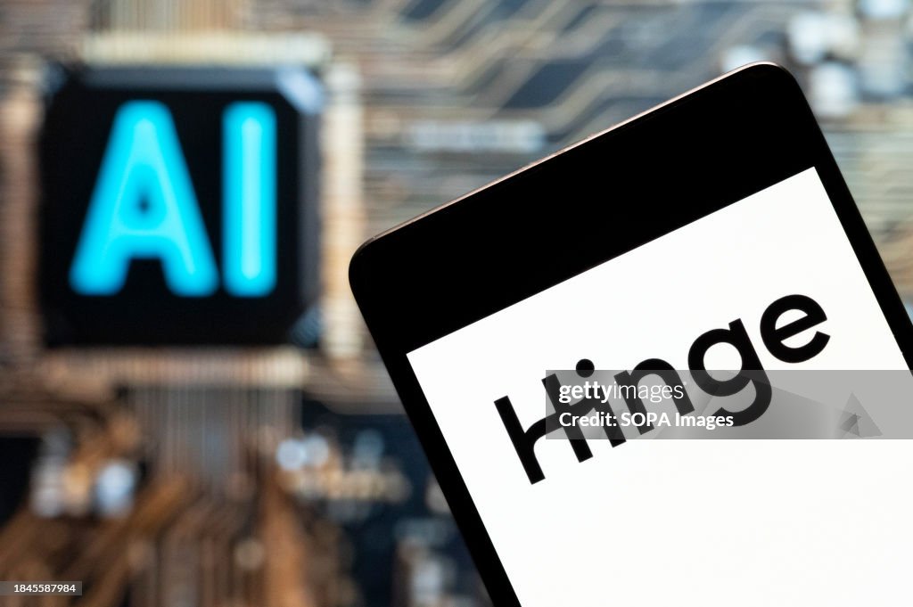 In this photo illustration, the online dating app Hinge logo...