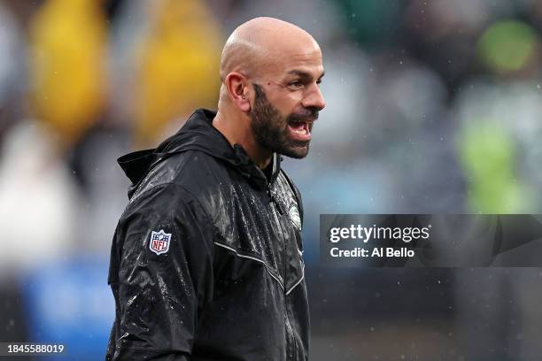 Head coach Robert Saleh of the New York Jets celebrates after a touchdown during the fourth quarter in the game against the Houston Texans at MetLife...