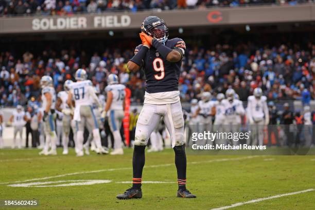 Jaquan Brisker of the Chicago Bears celebrates a defensive stop during the fourth quarter in the game against the Detroit Lions at Soldier Field on...