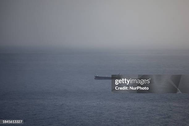 Cargo ships are seen at Israel's Haifa commercial shipping port in the Mediterranean Sea on December 13, 2023. In solidarity with Palestinians in...