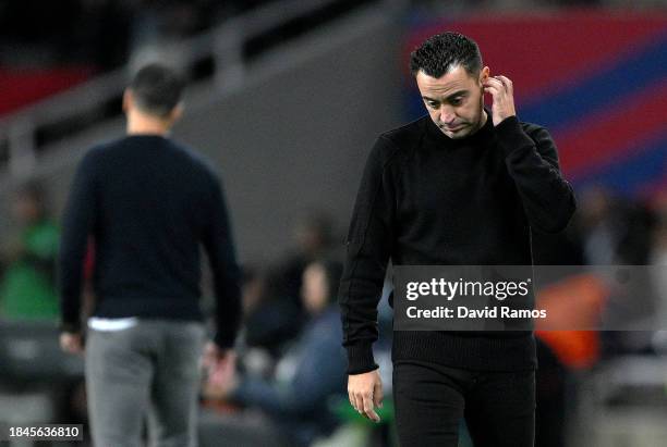 Xavi, Head Coach of FC Barcelona, looks dejected during the LaLiga EA Sports match between FC Barcelona and Girona FC at Estadi Olimpic Lluis...