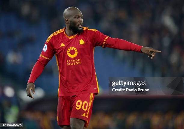 Romelu Lukaku of AS Roma gestures during the Serie A TIM match between AS Roma and ACF Fiorentina at Stadio Olimpico on December 10, 2023 in Rome,...