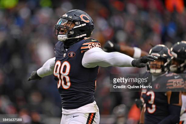 Montez Sweat of the Chicago Bears reacts during the second half in the game against the Detroit Lions at Soldier Field on December 10, 2023 in...