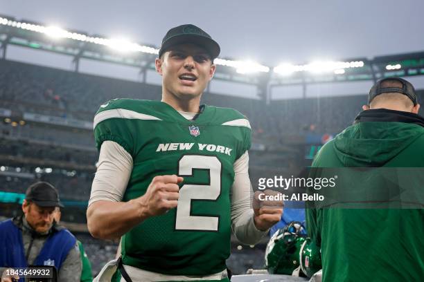 Zach Wilson of the New York Jets celebrates after a win over the Houston Texans at MetLife Stadium on December 10, 2023 in East Rutherford, New...
