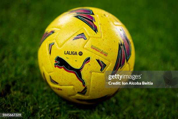 View of the match ball inside the stadium during the LaLiga Hypermotion match between SD Eibar and FC Andorra at Ipurua Municipal Stadium on December...