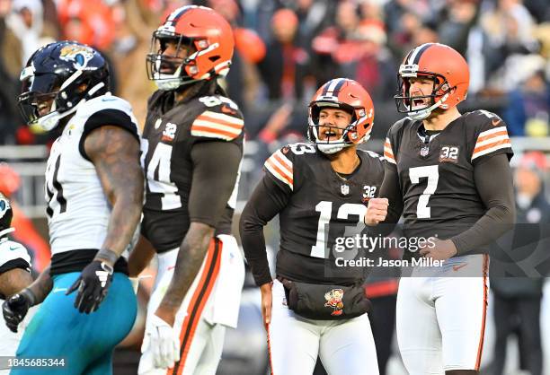 Dustin Hopkins of the Cleveland Browns reacts after a field goal during the fourth quarter against the Jacksonville Jaguars at Cleveland Browns...