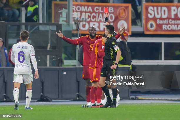 Romelu Lukaku of AS Roma is show the red card from the referee Rapuanoduring the Serie A TIM match between AS Roma and ACF Fiorentina at Stadio...