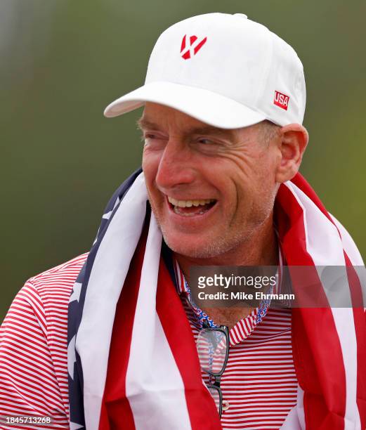 Captain Jim Furyk of Team USA celebrate winning the World Champions Cup at The Concession Golf Club on December 10, 2023 in Bradenton, Florida.