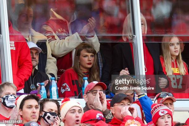 Taylor Swift looks on during the game between the Buffalo Bills and the Kansas City Chiefs at GEHA Field at Arrowhead Stadium on December 10, 2023 in...