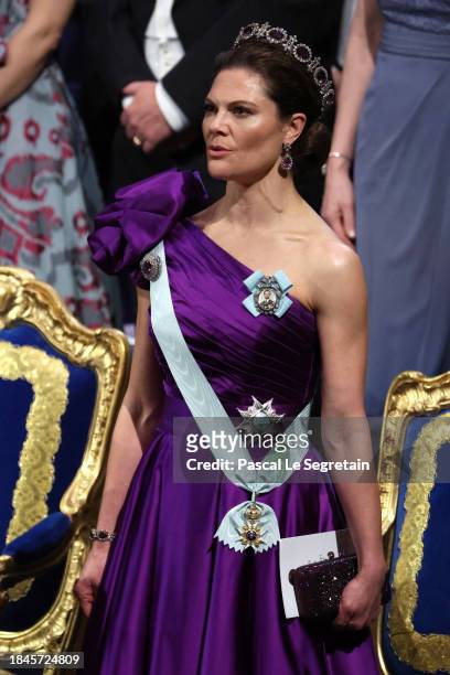 Crown Princess Victoria of Sweden attends the Nobel Prize Banquet 2023 at Stockholm City Hall on December 10, 2023 in Stockholm, Sweden.