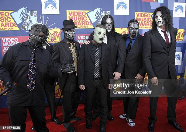 Musicians Craig Jones, Sid Wilson, Corey Taylor, Mick Thomson, Paul Gray and Jim Root of Slipknot arrive at the 2008 MTV Video Music Awards at...