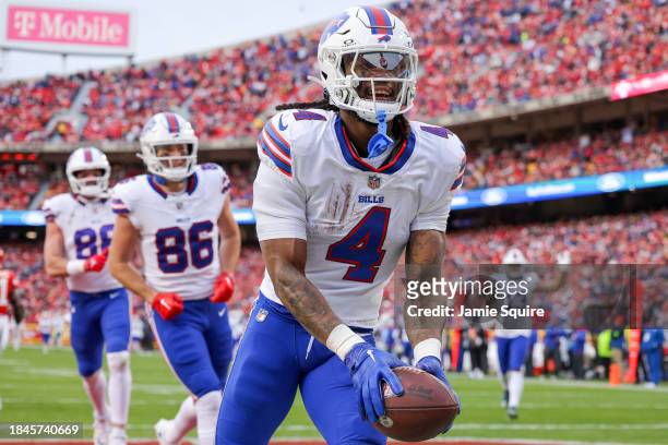 James Cook of the Buffalo Bills reacts after scoring a touchdown during the first half of the game against the Kansas City Chiefs at GEHA Field at...