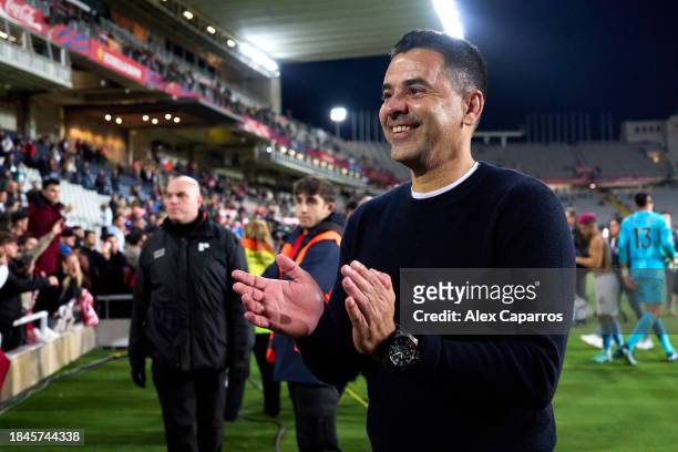 Head Coach Miguel Angel Sanchez 'Michel' of Girona FC celebrates the victory following the LaLiga EA Sports match between FC Barcelona and Girona FC...