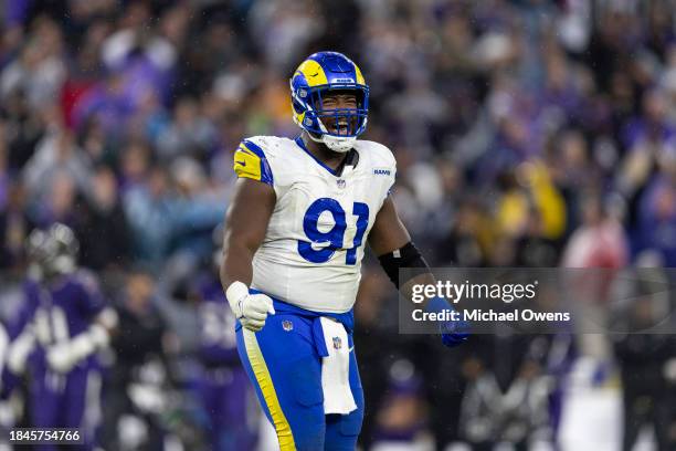 Kobie Turner of the Los Angeles Rams reacts during an NFL football game between the Baltimore Ravens and the Los Angeles Rams at M&T Bank Stadium on...