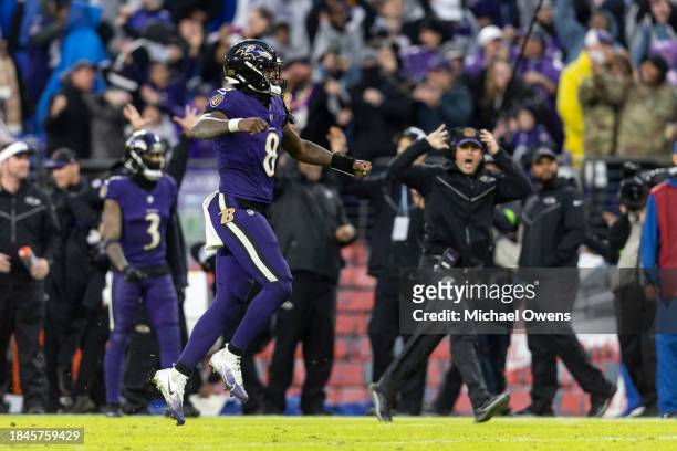 Lamar Jackson of the Baltimore Ravens celebrates after passing for a touchdown during an NFL football game between the Baltimore Ravens and the Los...
