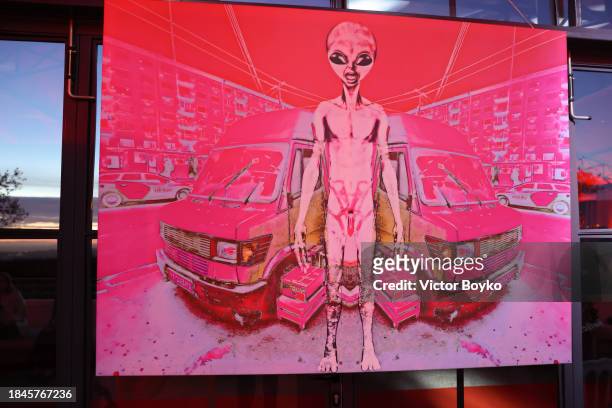 An artwork on display at the charity event hosted by Miss Universe Ukraine 2023 Angelina Usanova on December 10, 2023 in Nice, France.