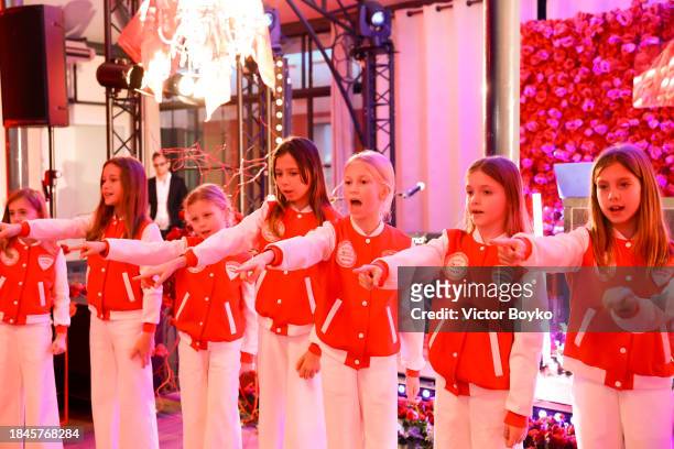 Monaco Children's Choir perform at the charity event hosted by Miss Universe Ukraine 2023 Angelina Usanova on December 10, 2023 in Nice, France.
