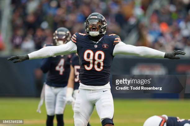 Defensive End Montez Sweat of the Chicago Bears celebrates a defensive stop during the second half of an NFL football game against the Detroit Lions...
