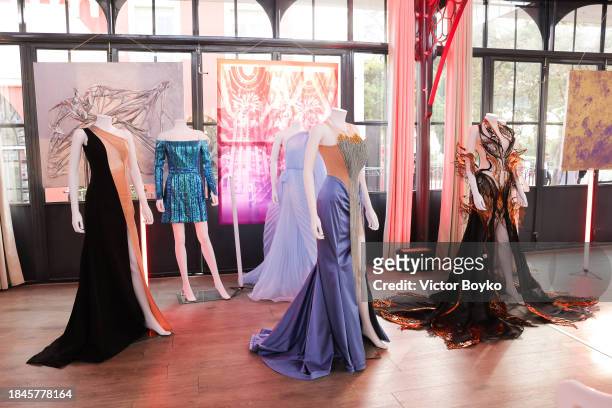 Dresses on display at the charity event hosted by Miss Universe Ukraine 2023 Angelina Usanova on December 10, 2023 in Nice, France.