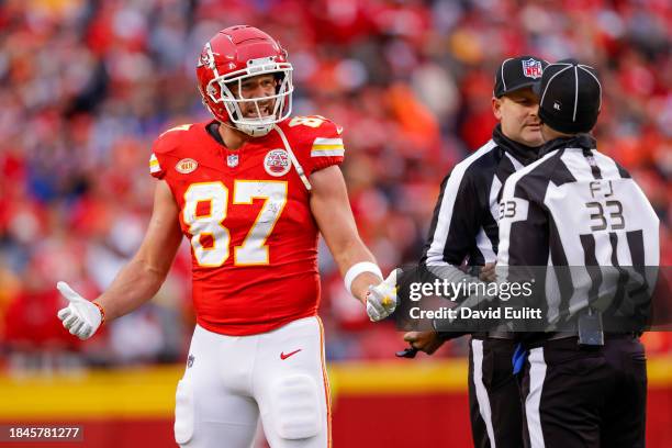 Travis Kelce of the Kansas City Chiefs reacts with the referee during the first half of the game against the Buffalo Bills at GEHA Field at Arrowhead...