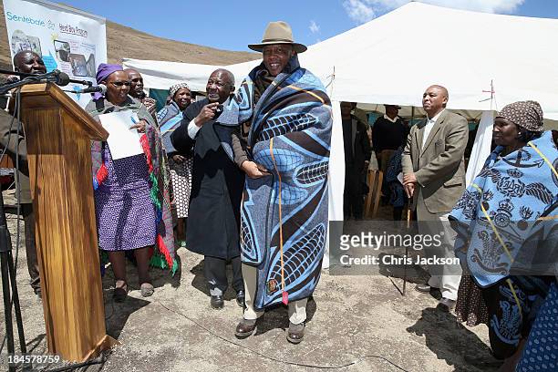 His Majesty King Letsie III of Lesotho gives a speech at the opening ceremony of the new Sentebale Mateanong Herd Boy School on October 14, 2013 in...