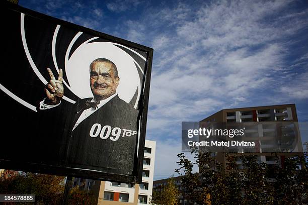 The pre-election campaign poster of TOP09 Party Chairman Karel Schwarzenberg is displayed on October 14, 2013 in Prague, Czech Republic. Early Czech...