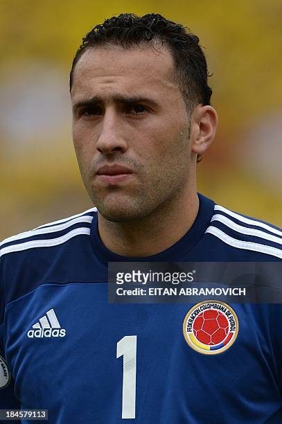 Colombian football goalkeeper David Ospina is pictured before the start of the Brazil 2014 FIFA World Cup South American qualifier match against...