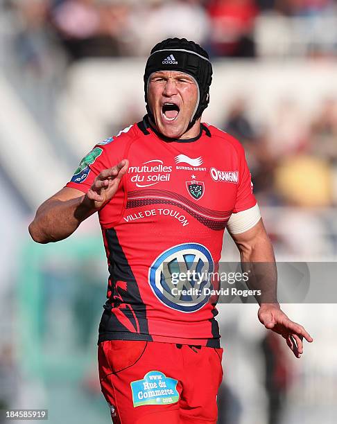 Matt Giteau of Toulon shouts instructions during the Heineken Cup Pool 2 match between Toulon and Glasgow Warriors at the Felix Mayol Stadium on...