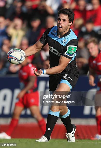 Sean Maitland of Glasgow passes the ball during the Heineken Cup Pool 2 match between Toulon and Glasgow Warriors at the Felix Mayol Stadium on...