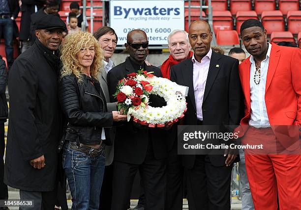 Cyrille Regis , Nicky Brown , Phil Hoadley , Keith Cunningham , Brendan Batson and Jack Beula, Chief Executive of Nubian Jak community trust gather...