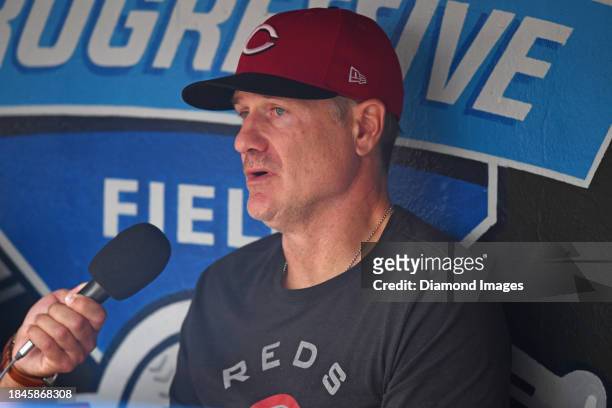 Manager David Bell of the Cincinnati Reds talks to the media prior to a game against the Cleveland Guardians at Progressive Field on September 27,...