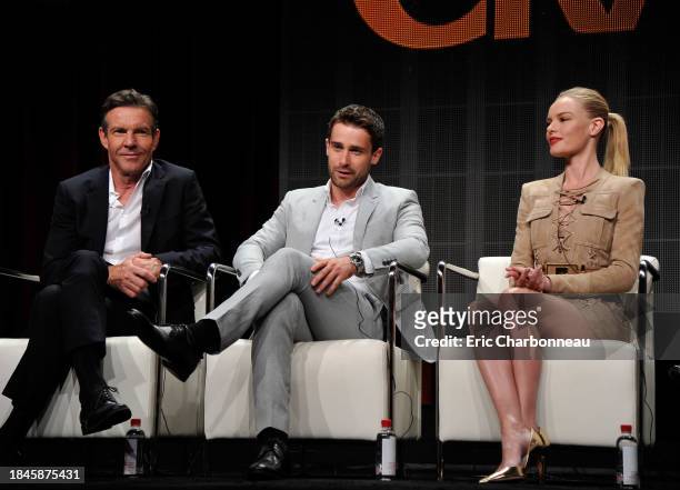 Dennis Quaid, Christian Cooke and Kate Bosworth speak onstage during Crackle's "The Art of More" at the 2015 Summer TCA Tour at The Beverly Hilton...