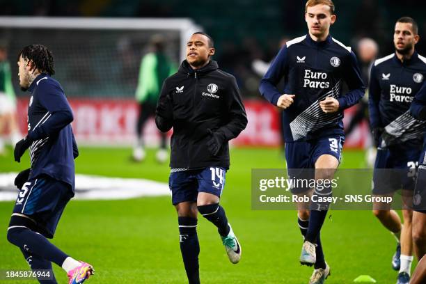 Feyenoord's Igor Paixão warms up during a UEFA Champions League group stage match between Celtic and Feyenoord at Celtic Park, on December 13 in...