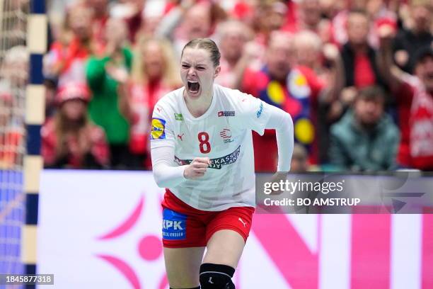 Denmark's left back Anne Mette Hansen celebrates after scoring during the quarter final match between Denmark and Montenegro of the IHF World Women's...