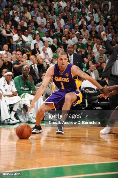 Jordan Farmar of the Los Angeles Lakers drives against the Boston Celtics in Game Four of the 2010 NBA Finals on June 10, 2010 at TD Garden in...