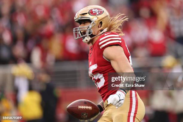 George Kittle of the San Francisco 49ers celebrates a touchdown during the fourth quarter in the game against the Seattle Seahawks at Levi's Stadium...