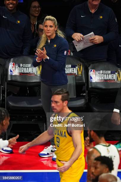 Assistant Coach Jenny Boucek of the Indiana Pacers looks on during the game during the semifinals of the In-Season Tournament on December 7, 2023 at...