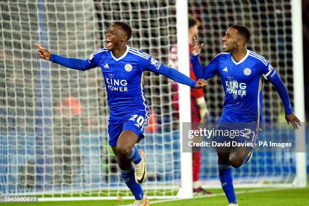 Leicester City's Patson Daka celebrates scoring their side's second goal of the game with team-mate Ricardo Pereira during the Sky Bet Championship...