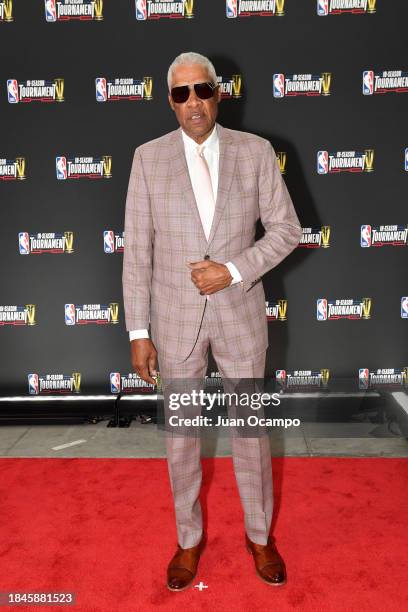Julius Erving arrives to the arena before the Indiana Pacers vs Los Angeles Lakers game during the In-Season Tournament Championship game on December...
