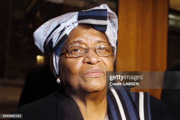 Liberian President Ellen Johnson-Sirleaf poses as she arrives at Gardermoen airport on December 8, 2011. Liberian President Ellen Johnson Sirleaf,...