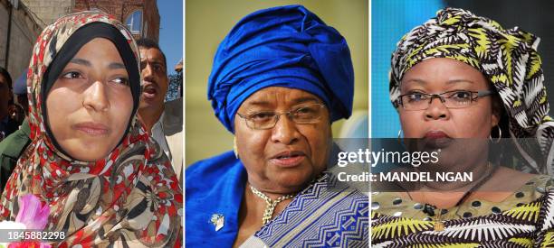 Combination of three recent photos shows Yemen's Arab Spring activist Tawakkul Karman, Liberian President Ellen Johnson Sirleaf and Liberian "peace...