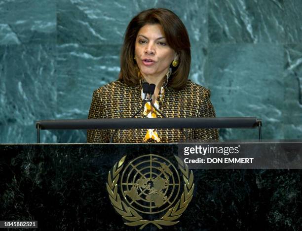 President of Costa Rica Laura Chinchilla Miranda delivers her address September 23, 2010 during the 65th session of the General Assembly at the...