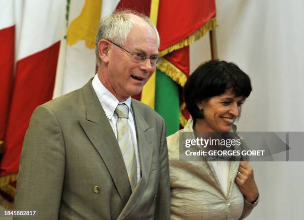 Council President Herman Van Rompuy and President of Switzerland Doris Leuthard arrive for a statement after a working session on July 19, 2010 at...