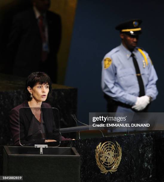 Swiss President Doris Leuthard addresses the 65th General Assembly at the United Nations headquarters in New York, September 23, 2010. AFP...