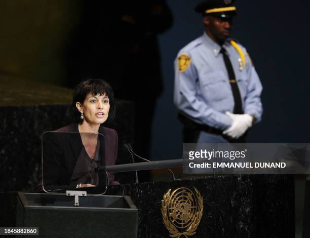 Swiss President Doris Leuthard addresses the 65th General Assembly at the United Nations headquarters in New York, September 23, 2010. AFP...
