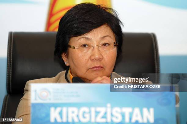 Presidents of Kyrgyzstan Roza Otunbaeva attends a press conference during the 10th Summit of the Turkish Speaking Cointries, on September 16 in...