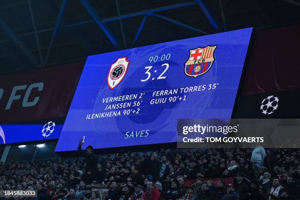 Illustration picture shows the scorebord during a game between Belgian soccer team Royal Antwerp FC and Spanish club FC Barcelona, in Antwerp, on...