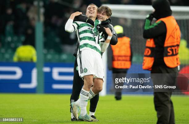 Celtic's Gustaf Lagerbielke and Odin Holm at full time during a UEFA Champions League group stage match between Celtic and Feyenoord at Celtic Park,...